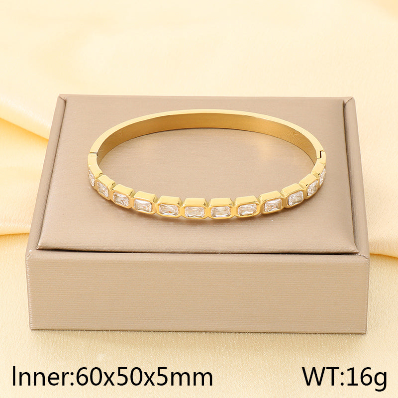 Three-dimensional Square Bangle For Women In 304 Stainless Steel With 18K Real Gold Plating And Rhinestone Inlay