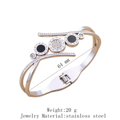Polished Geometric Bangle For Women Made Of 304 Stainless Steel With 18K Real Gold Plated And Rhinestones Inlay