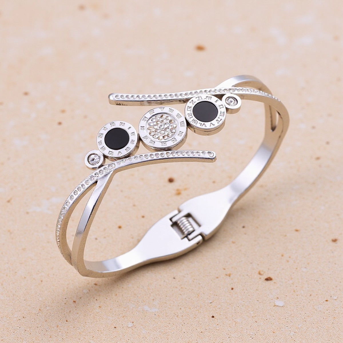Polished Geometric Bangle For Women Made Of 304 Stainless Steel With 18K Real Gold Plated And Rhinestones Inlay