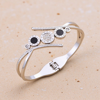 Polished Geometric Bangle For Women Made Of 304 Stainless Steel With 18K Real Gold Plated And Rhinestones Inlay