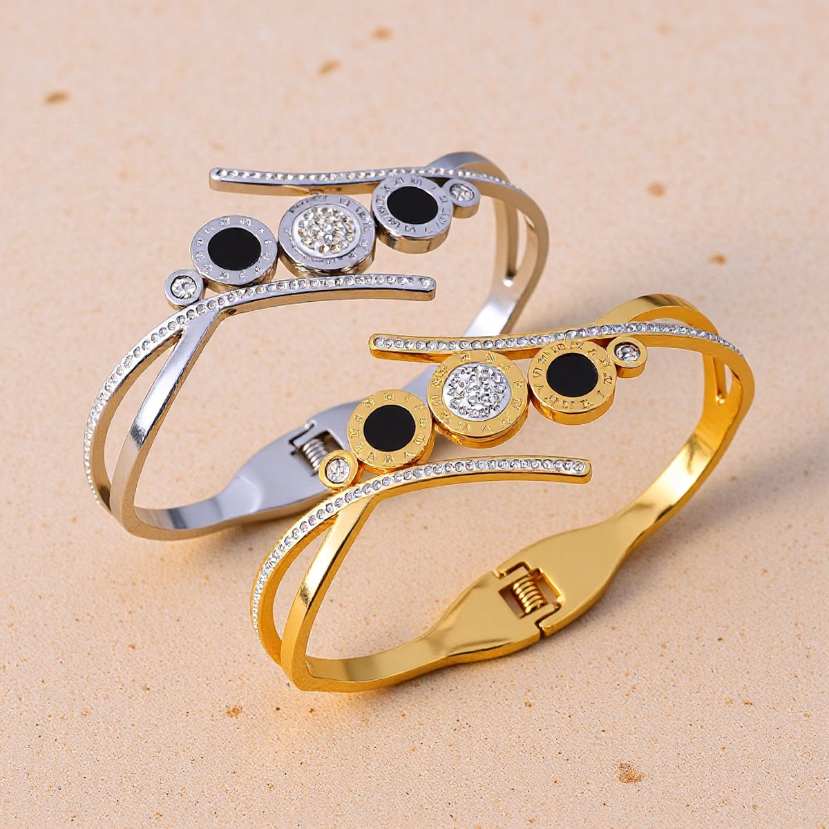 Polished Geometric Bangle For Women Made Of 304 Stainless Steel With 18K Real Gold Plated And Rhinestones Inlay