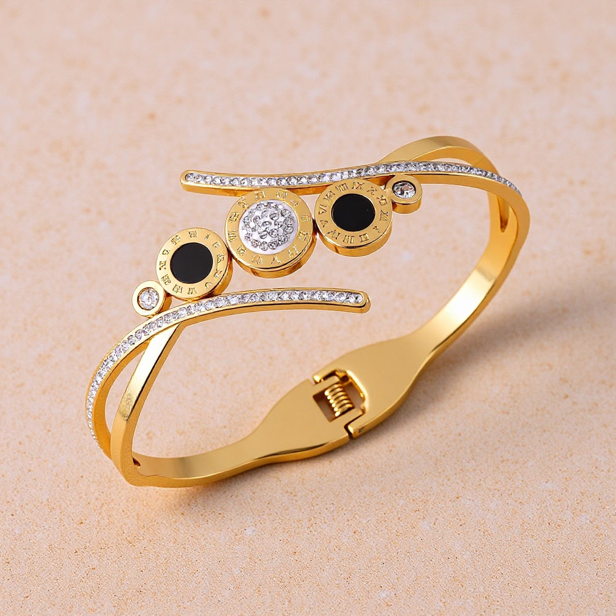 Polished Geometric Bangle For Women Made Of 304 Stainless Steel With 18K Real Gold Plated And Rhinestones Inlay