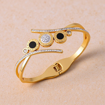 Polished Geometric Bangle For Women Made Of 304 Stainless Steel With 18K Real Gold Plated And Rhinestones Inlay
