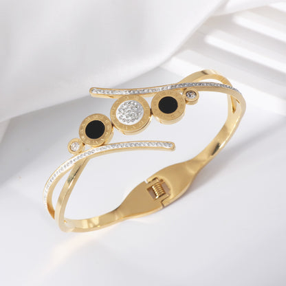 Polished Geometric Bangle For Women Made Of 304 Stainless Steel With 18K Real Gold Plated And Rhinestones Inlay