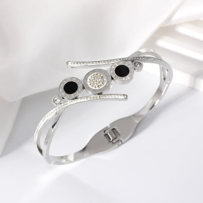 Polished Geometric Bangle For Women Made Of 304 Stainless Steel With 18K Real Gold Plated And Rhinestones Inlay