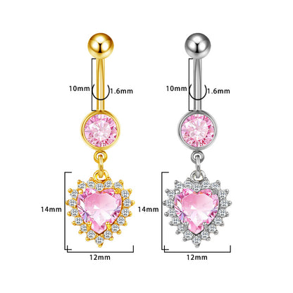 Three-dimensional Heart Shape Copper Belly Ring With Platinum Plated Electroplated Finish And Zircon Inlay