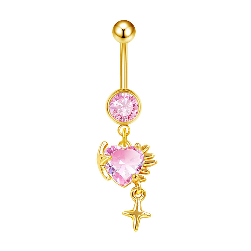 Three-dimensional Heart Shape Copper Belly Ring With Platinum Plated Electroplated Finish And Zircon Inlay
