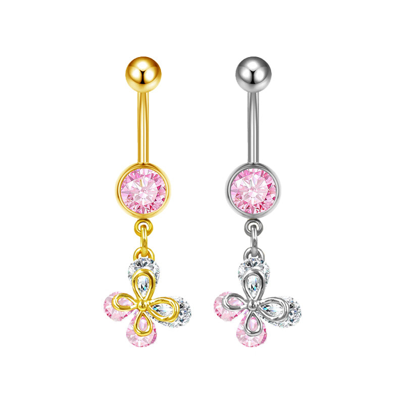 Three-dimensional Heart Shape Copper Belly Ring With Platinum Plated Electroplated Finish And Zircon Inlay