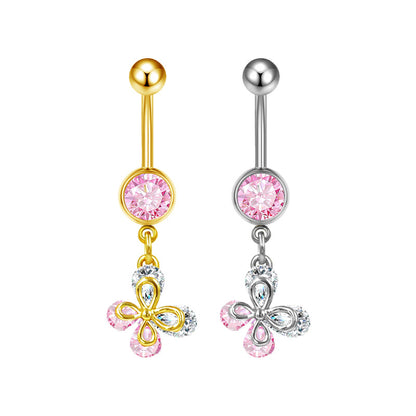 Three-dimensional Heart Shape Copper Belly Ring With Platinum Plated Electroplated Finish And Zircon Inlay