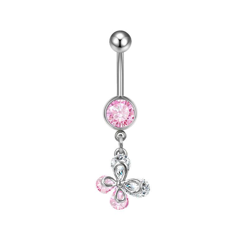 Three-dimensional Heart Shape Copper Belly Ring With Platinum Plated Electroplated Finish And Zircon Inlay