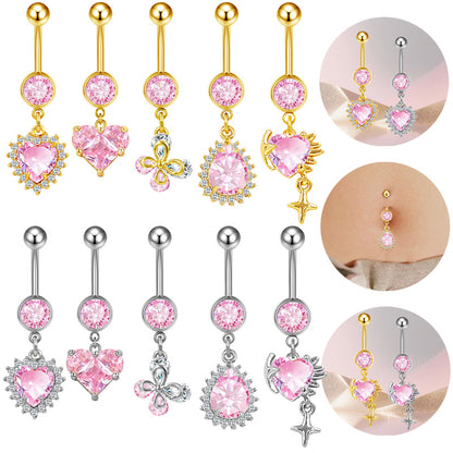 Three-dimensional Heart Shape Copper Belly Ring With Platinum Plated Electroplated Finish And Zircon Inlay