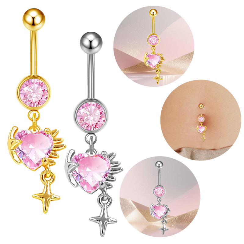 Three-dimensional Heart Shape Copper Belly Ring With Platinum Plated Electroplated Finish And Zircon Inlay