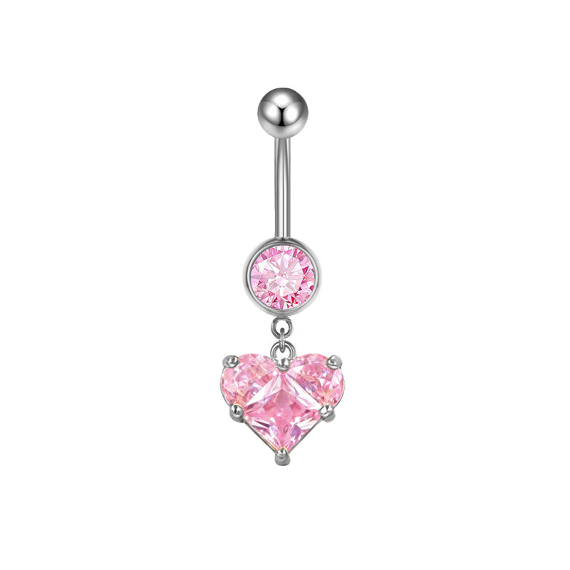 Three-dimensional Heart Shape Copper Belly Ring With Platinum Plated Electroplated Finish And Zircon Inlay