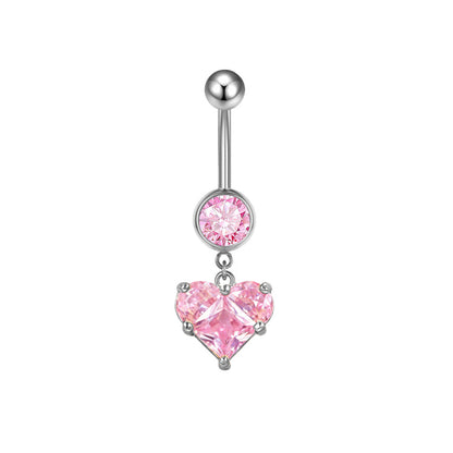 Three-dimensional Heart Shape Copper Belly Ring With Platinum Plated Electroplated Finish And Zircon Inlay