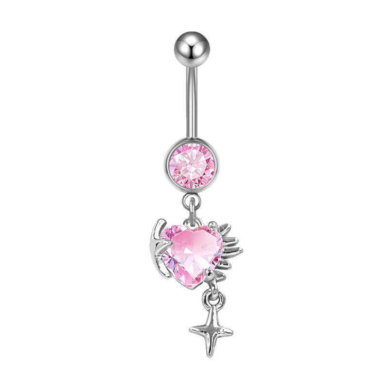 Three-dimensional Heart Shape Copper Belly Ring With Platinum Plated Electroplated Finish And Zircon Inlay
