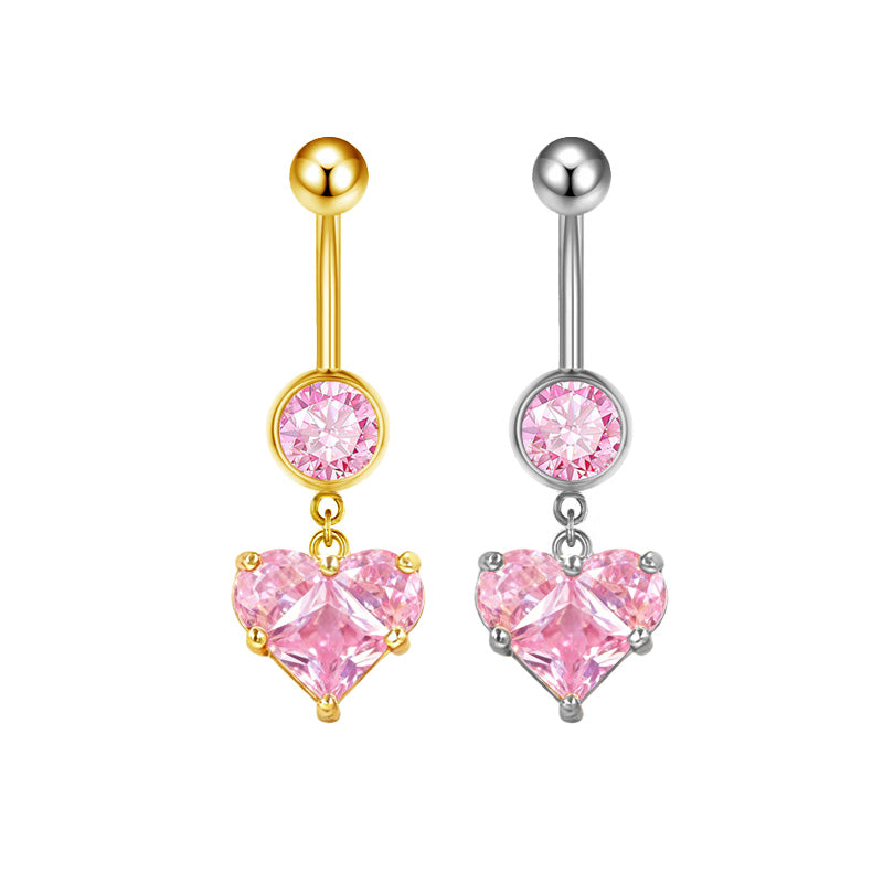 Three-dimensional Heart Shape Copper Belly Ring With Platinum Plated Electroplated Finish And Zircon Inlay