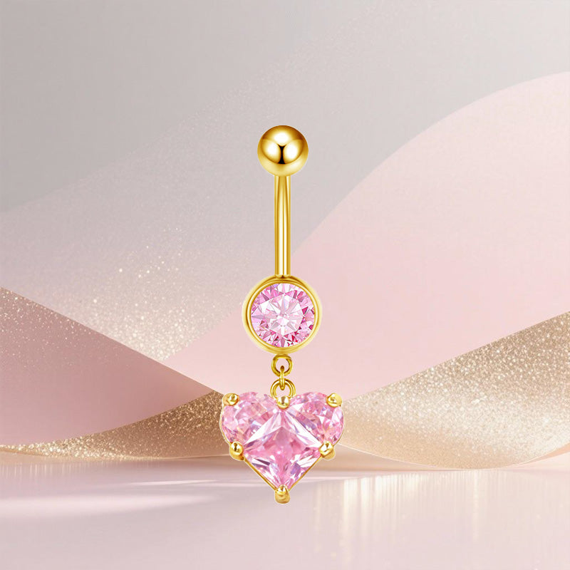 Three-dimensional Heart Shape Copper Belly Ring With Platinum Plated Electroplated Finish And Zircon Inlay