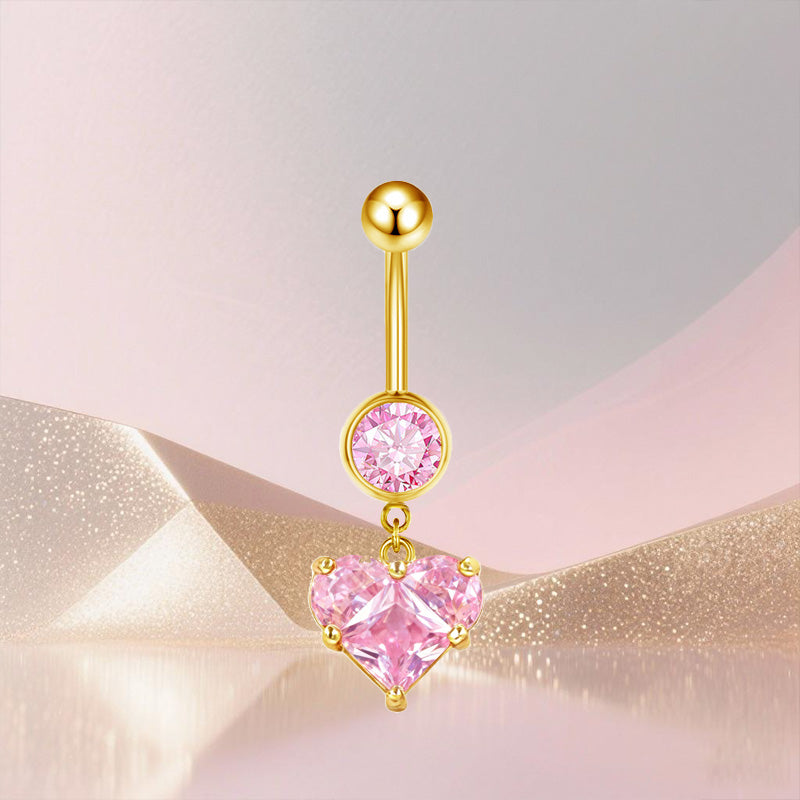 Three-dimensional Heart Shape Copper Belly Ring With Platinum Plated Electroplated Finish And Zircon Inlay