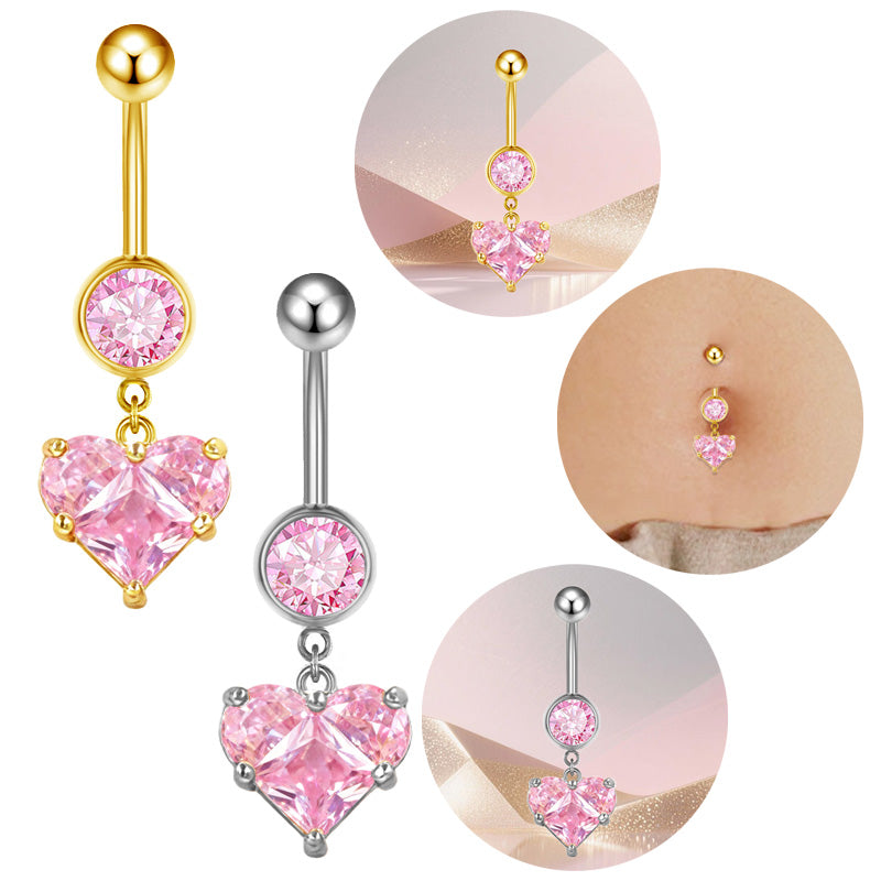 Three-dimensional Heart Shape Copper Belly Ring With Platinum Plated Electroplated Finish And Zircon Inlay
