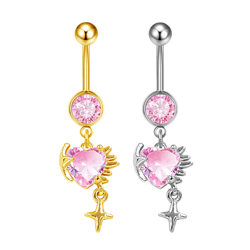 Three-dimensional Heart Shape Copper Belly Ring With Platinum Plated Electroplated Finish And Zircon Inlay