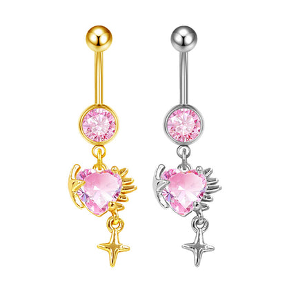 Three-dimensional Heart Shape Copper Belly Ring With Platinum Plated Electroplated Finish And Zircon Inlay
