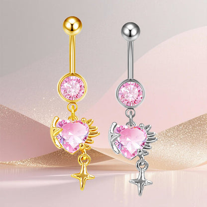 Three-dimensional Heart Shape Copper Belly Ring With Platinum Plated Electroplated Finish And Zircon Inlay