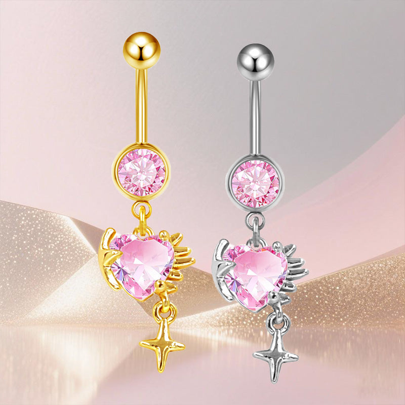 Three-dimensional Heart Shape Copper Belly Ring With Platinum Plated Electroplated Finish And Zircon Inlay