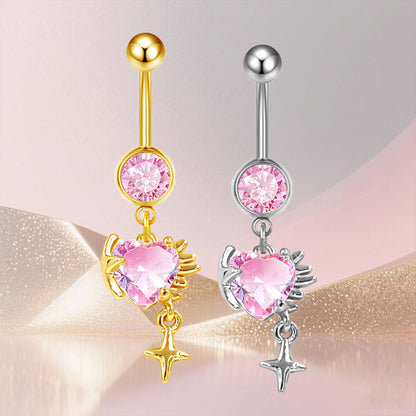 Three-dimensional Heart Shape Copper Belly Ring With Platinum Plated Electroplated Finish And Zircon Inlay