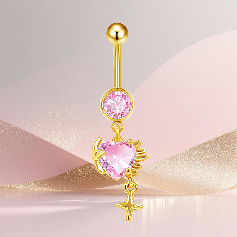 Three-dimensional Heart Shape Copper Belly Ring With Platinum Plated Electroplated Finish And Zircon Inlay