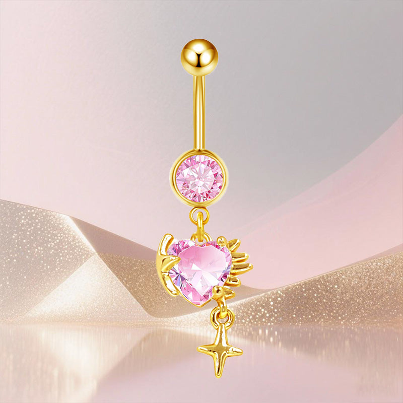 Three-dimensional Heart Shape Copper Belly Ring With Platinum Plated Electroplated Finish And Zircon Inlay