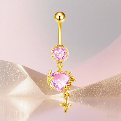 Three-dimensional Heart Shape Copper Belly Ring With Platinum Plated Electroplated Finish And Zircon Inlay