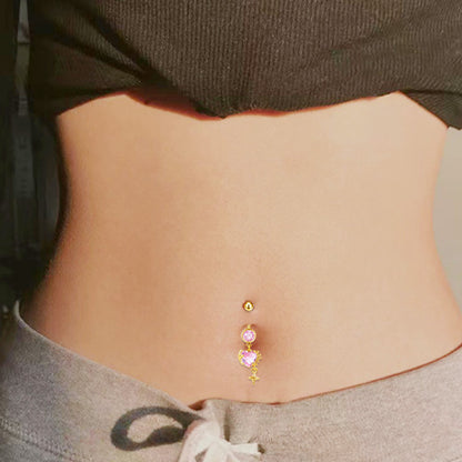 Three-dimensional Heart Shape Copper Belly Ring With Platinum Plated Electroplated Finish And Zircon Inlay