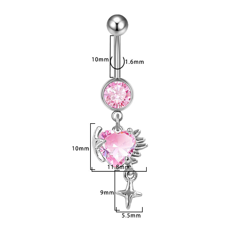 Three-dimensional Heart Shape Copper Belly Ring With Platinum Plated Electroplated Finish And Zircon Inlay