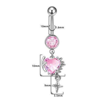 Three-dimensional Heart Shape Copper Belly Ring With Platinum Plated Electroplated Finish And Zircon Inlay
