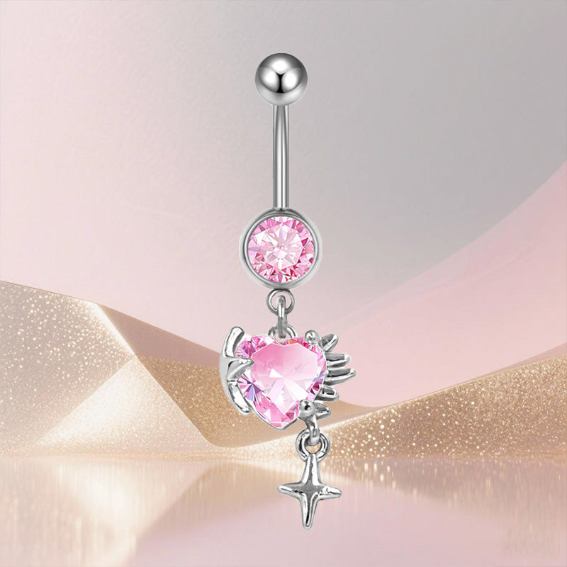 Three-dimensional Heart Shape Copper Belly Ring With Platinum Plated Electroplated Finish And Zircon Inlay