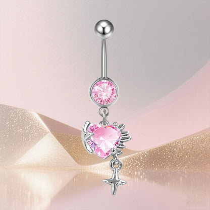 Three-dimensional Heart Shape Copper Belly Ring With Platinum Plated Electroplated Finish And Zircon Inlay