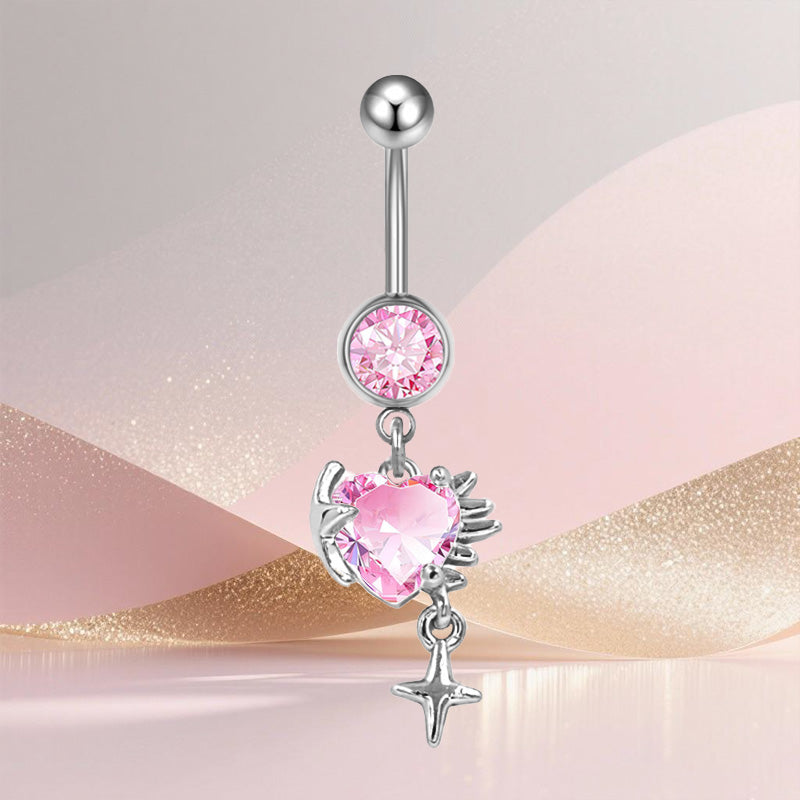 Three-dimensional Heart Shape Copper Belly Ring With Platinum Plated Electroplated Finish And Zircon Inlay