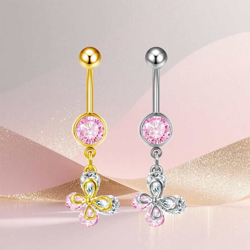 Three-dimensional Heart Shape Copper Belly Ring With Platinum Plated Electroplated Finish And Zircon Inlay