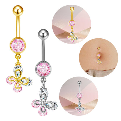 Three-dimensional Heart Shape Copper Belly Ring With Platinum Plated Electroplated Finish And Zircon Inlay
