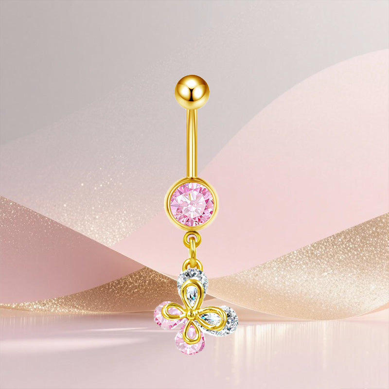 Three-dimensional Heart Shape Copper Belly Ring With Platinum Plated Electroplated Finish And Zircon Inlay
