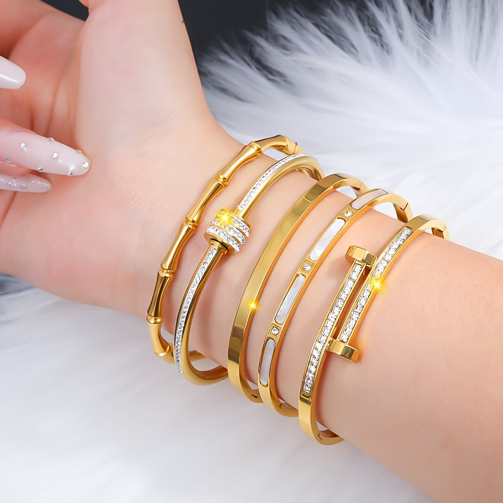 Bohemian Solid Color Bangle For Super Bowl Featuring 304 Stainless Steel With 18K Real Gold Plated And Zircon Inlay