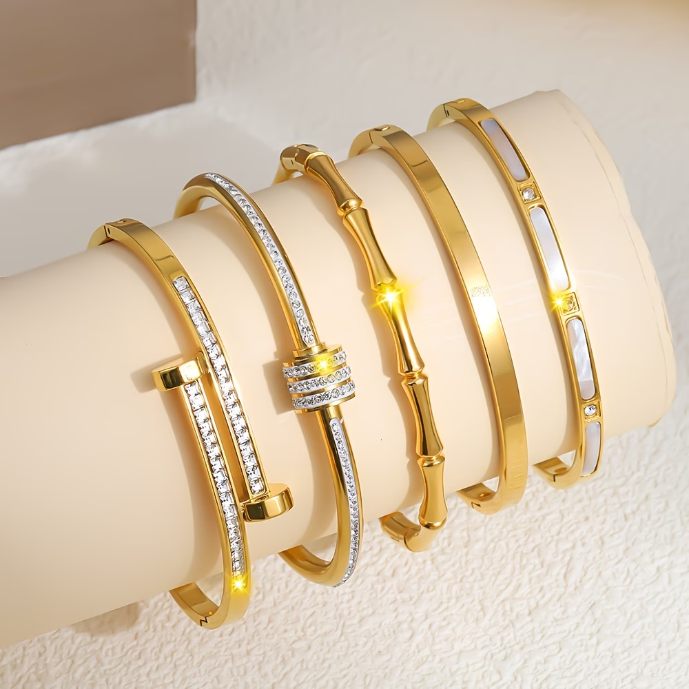 Bohemian Solid Color Bangle For Super Bowl Featuring 304 Stainless Steel With 18K Real Gold Plated And Zircon Inlay