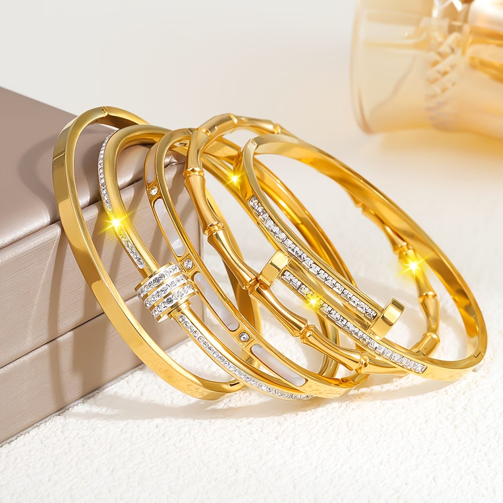 Bohemian Solid Color Bangle For Super Bowl Featuring 304 Stainless Steel With 18K Real Gold Plated And Zircon Inlay