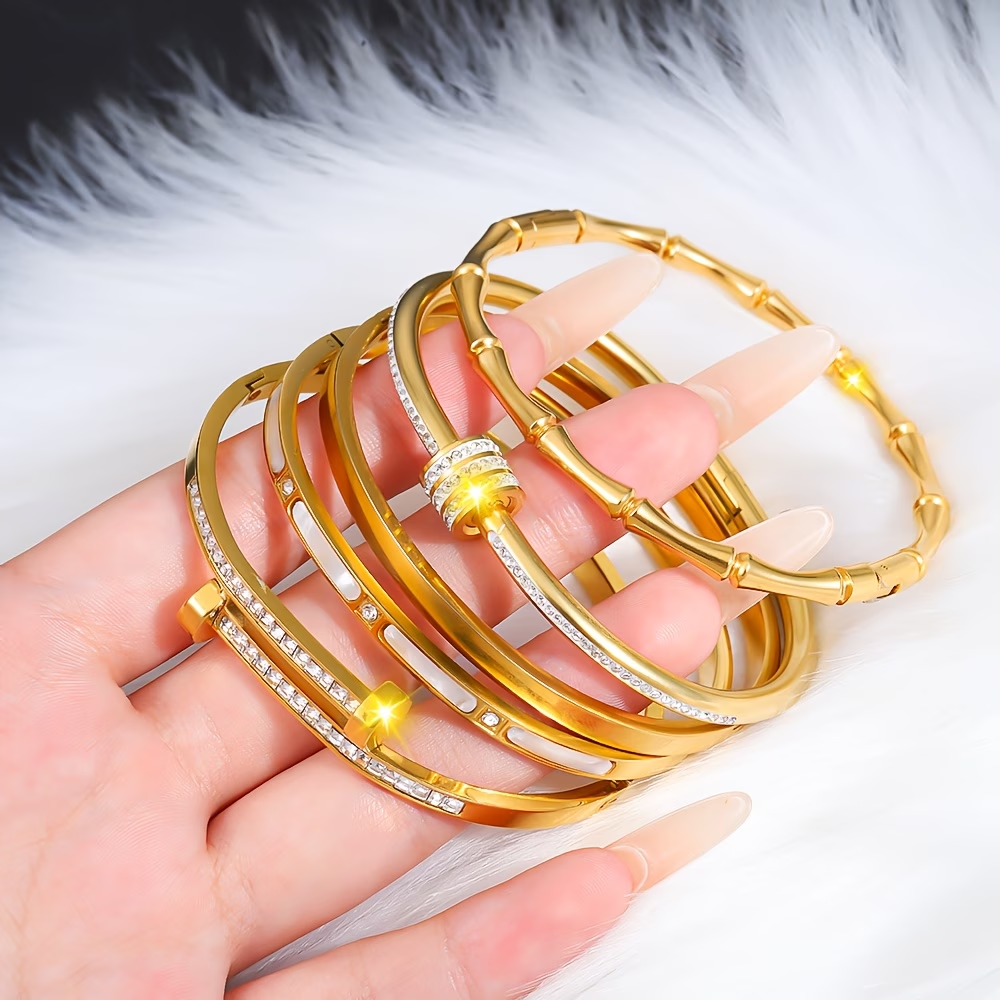 Bohemian Solid Color Bangle For Super Bowl Featuring 304 Stainless Steel With 18K Real Gold Plated And Zircon Inlay