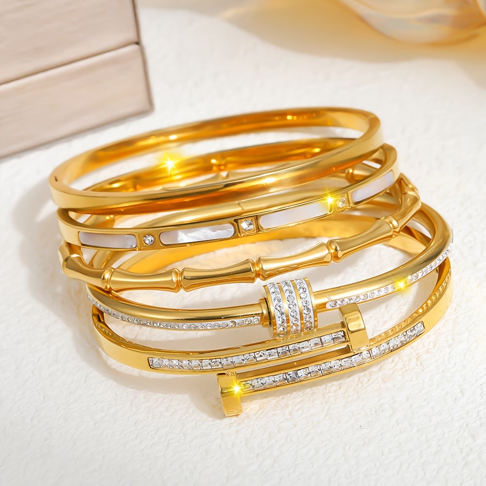 Bohemian Solid Color Bangle For Super Bowl Featuring 304 Stainless Steel With 18K Real Gold Plated And Zircon Inlay