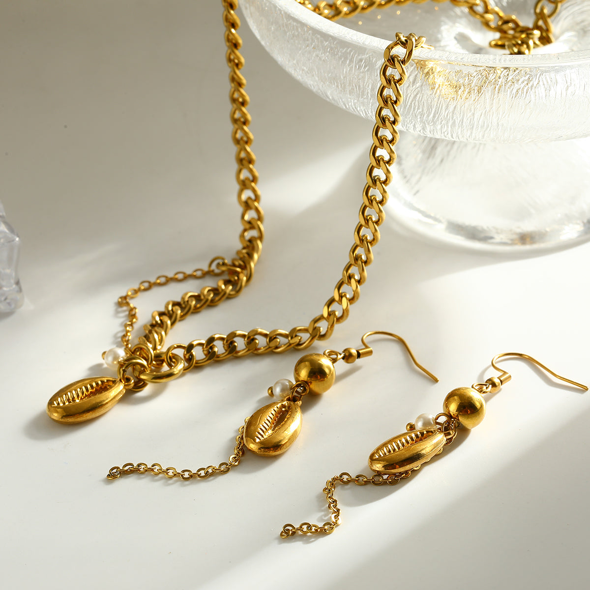 Valentine's Day Shell Jewelry Set For Women Featuring 304 Stainless Steel With 18K Real Gold Plated And Pearl Inlay