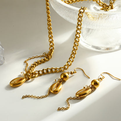 Valentine's Day Shell Jewelry Set For Women Featuring 304 Stainless Steel With 18K Real Gold Plated And Pearl Inlay
