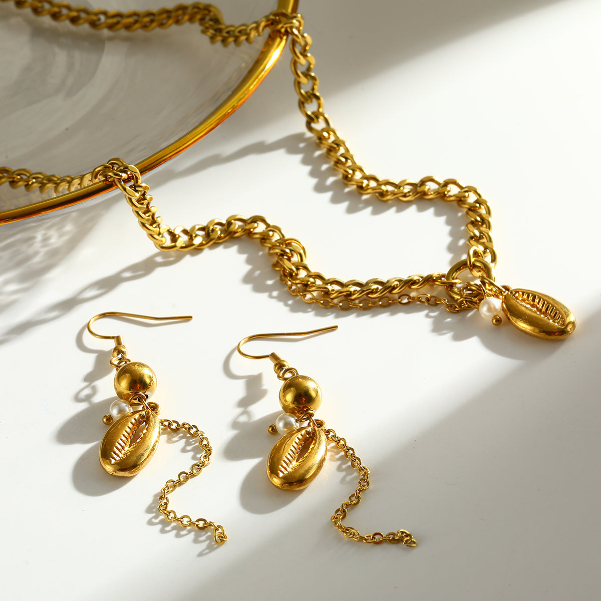 Valentine's Day Shell Jewelry Set For Women Featuring 304 Stainless Steel With 18K Real Gold Plated And Pearl Inlay