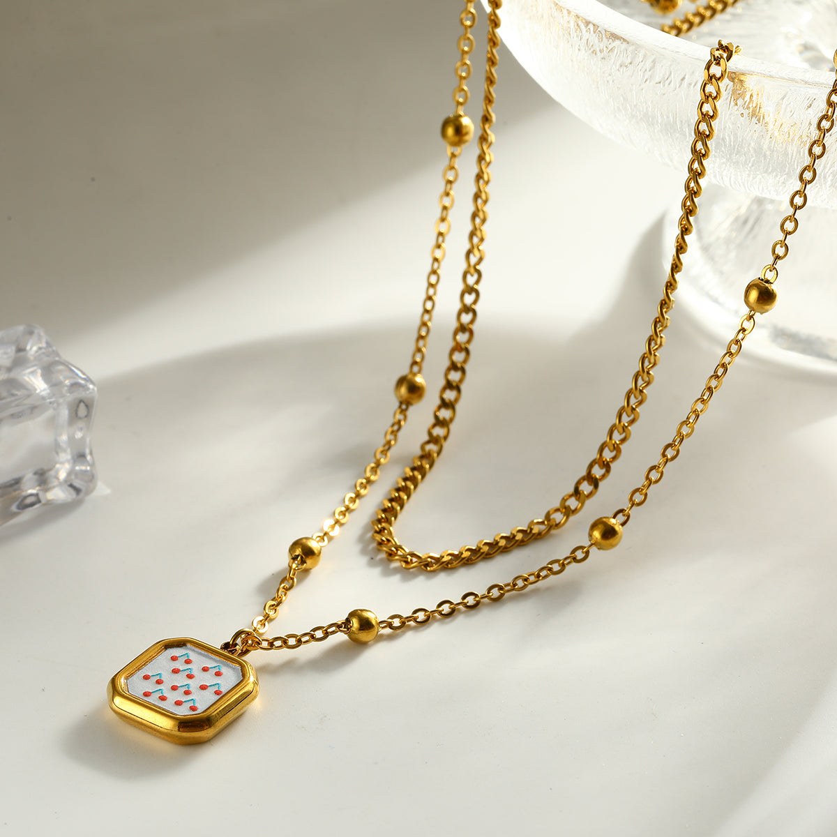 Sweet Square Double Layer Necklaces For Women Featuring 304 Stainless Steel With 18K Real Gold Plated Cuban Link Chain