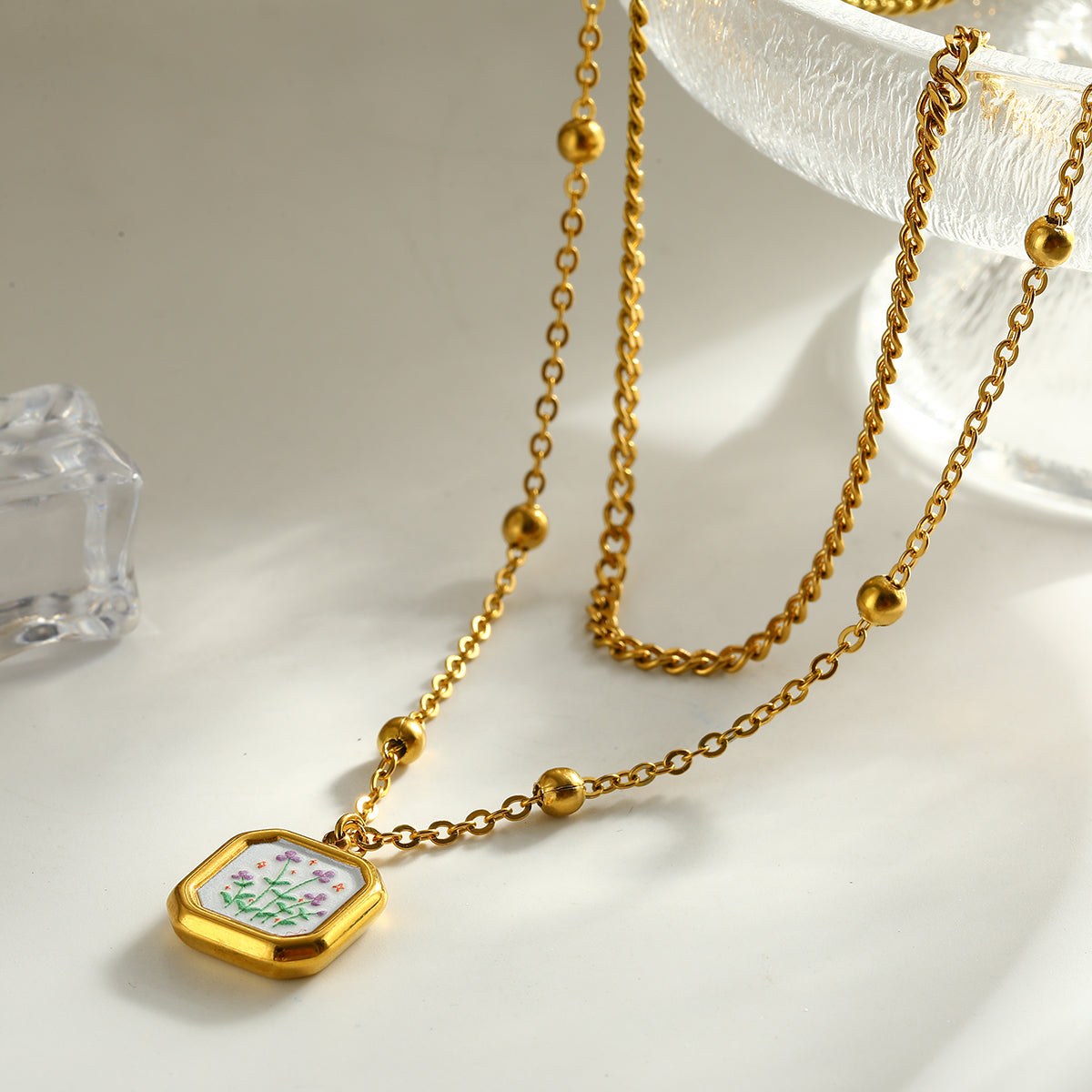 Sweet Square Double Layer Necklaces For Women Featuring 304 Stainless Steel With 18K Real Gold Plated Cuban Link Chain